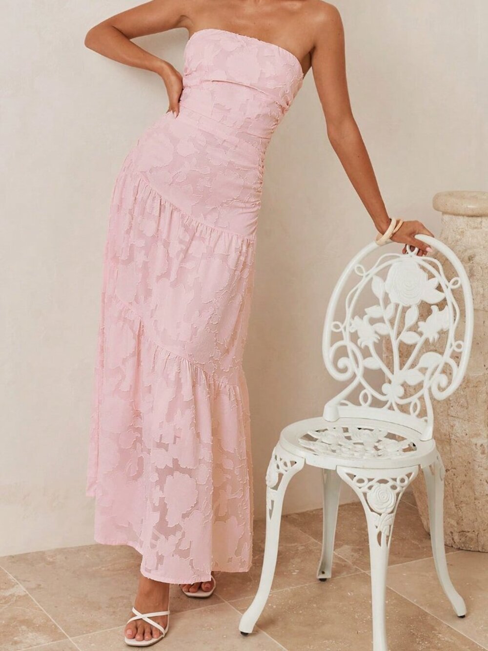Pink Elegant Women's Romantic Jacquard Maxi Tube Dress - Picture 8 of 9